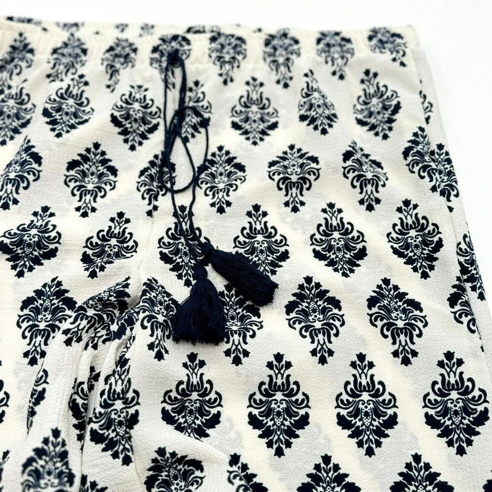 PORTOCRUZ Large Swim Cover Up Pants Beach Boho Wide Leg Slits Tassels Blue White - Picture 1 of 11
